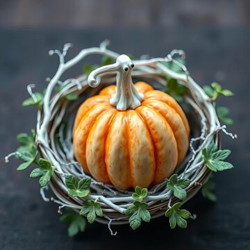miniature ghostly pumpkin with white stem and vines in a wreath, whimsical, wreath