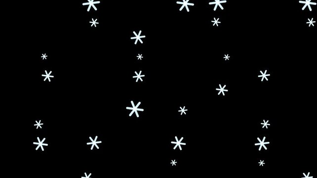 2D animated white snowflakes falling on a transparent background. Stylized winter snow overlay for holiday and seasonal designs