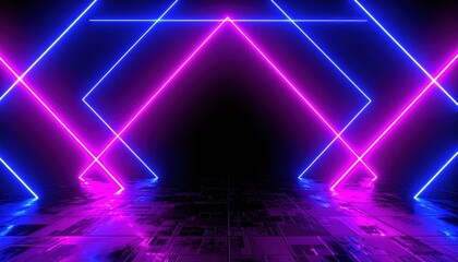 Fototapeta premium Vibrant neon geometric fractal patterns with glowing blue and pink lights creating a futuristic digital environment.