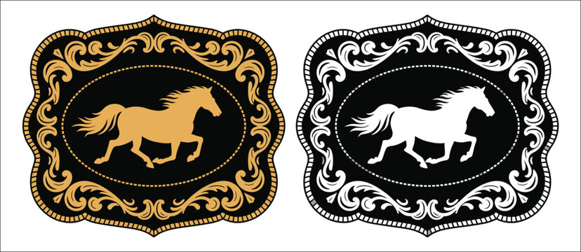 Horse western rodeo emblem with cowboy belt buckle, ranch tag, gold and silver silhouette, rustic country style, and vintage decorative badge vector, designs