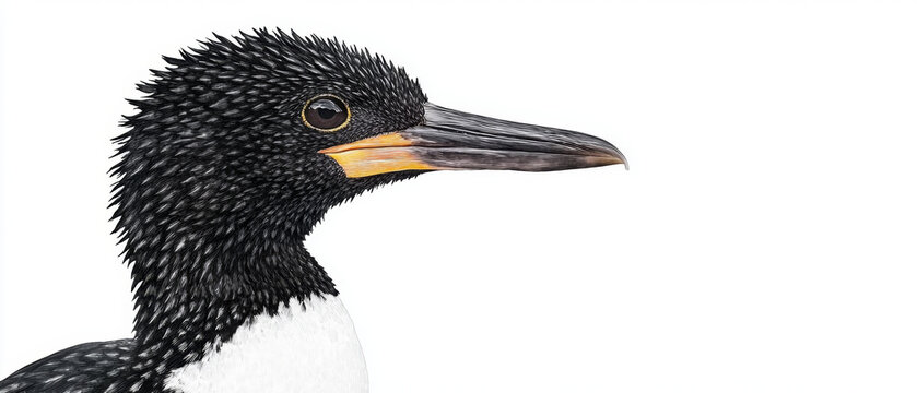 Detailed black bird profile; sharp feathers, yellow beak, eye ring, and white chest, isolated on white