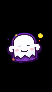 Cute 2D animated floating ghost with glowing particles. Halloween cartoon character overlay on transparent background