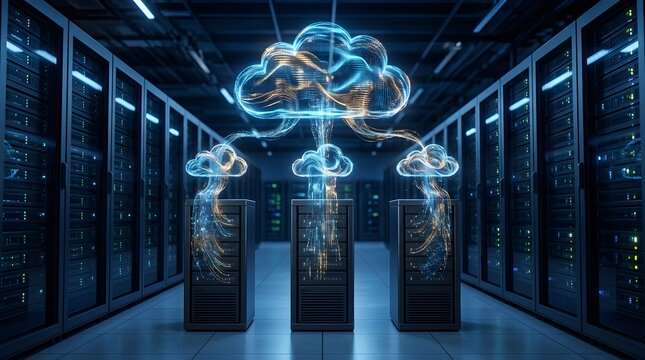 Digital Cloud Computing Network Infrastructure Inside Modern Data Center Server Room