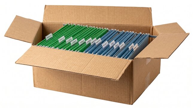 storage organizer document paperwork hanging pockets paper container office supplies archive records system green blue tabs labels metal rails brown paperboard corrugated box desk