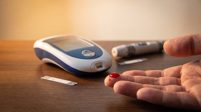 Close-up of a person's finger with a drop of blood, next to a glucometer and test strips on a wooden table, illustrating blood sugar testing.