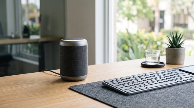 Smart speaker on a modern office desk. Digital voice assistant device for home automation.