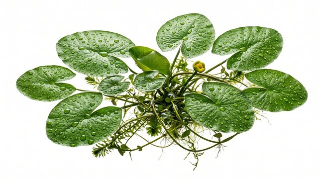 water plant aquatic leaves nature droplets drops dew fresh wet isolated white background flora botanical pnd pond growth stems roots yellow flower blossom bud vibrant close-up