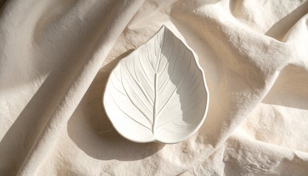 Air-dry clay leaf dish for home DIY. Handmade ceramic trinket tray on soft fabric.