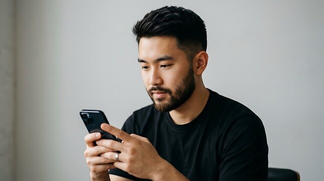 Young asian man with a beard looking at his smartphone while sitting in a bright room