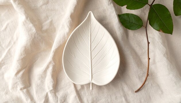 Air-dry clay leaf dish for home DIY. Handmade ceramic trinket tray on textured fabric.
