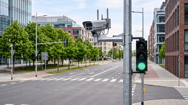 Smart traffic camera on a city street. Surveillance system monitoring urban road traffic.