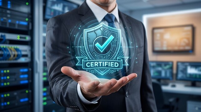 Businessman holding digital certified shield in high-tech server room for data security and quality assurance