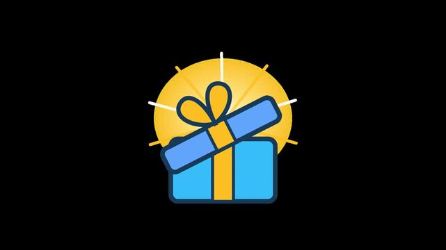 Animated gift box opening with star sparkles. Blue present with yellow ribbon popping open. 2D animation overlay