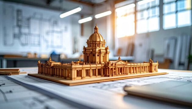 Intricate Golden Architectural Model of a Classical Building on Blueprints in a Sunlit Workshop
