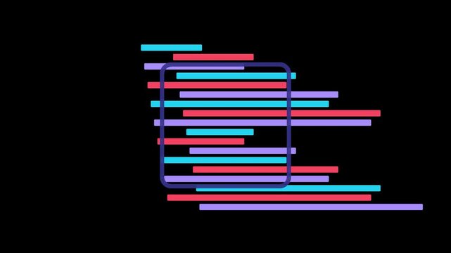 2D animation of rectangular digital glitch effect seamless loop. Cyan and purple horizontal lines moving rapidly overlay on transparent background