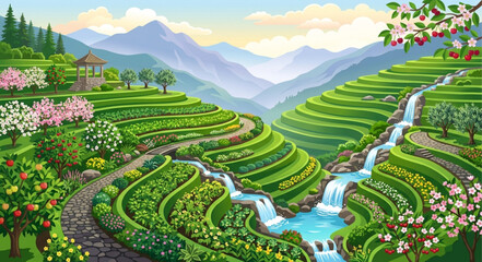 Fototapeta premium Lush green rice terraces with cascading waterfalls, scenic mountain valley landscape vector, blooming spring orchard and tea plantation garden