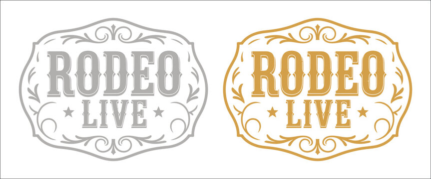 Live rodeo western emblem with cowboy belt buckle, old west engravings, rustic cowgirl style, decorative metal badge, and vintage ranch label vector, designs