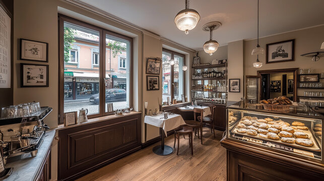 Elegant cafe interior showcasing baked goods in a display case, an espresso machine, and an old town street view