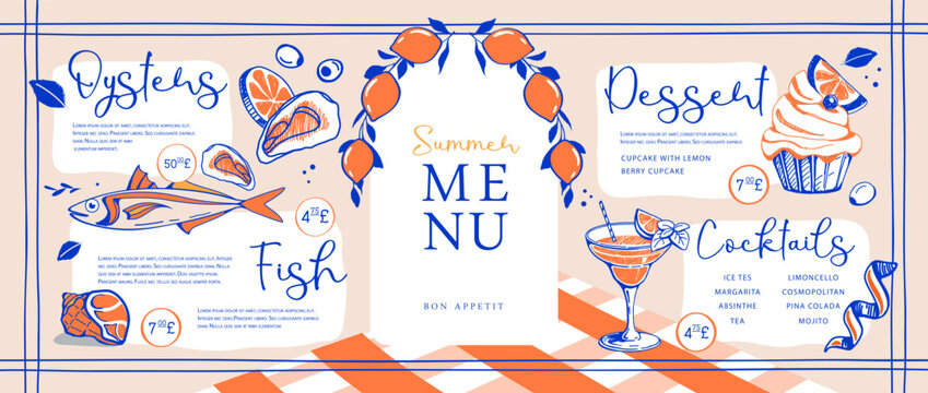 Mediterranean summer restaurant menu design with lemons, fish, cocktail and dessert. Hand drawing design.Vector illustration