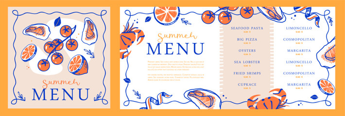 Plakat Mediterranean summer restaurant menu design with lemons, oysters and crab. Hand drawing design. Vector illustration