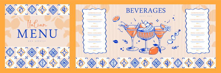 Plakat Mediterranean summer cocktail menu design with Italian tile. Hand drawing design. Vector illustration