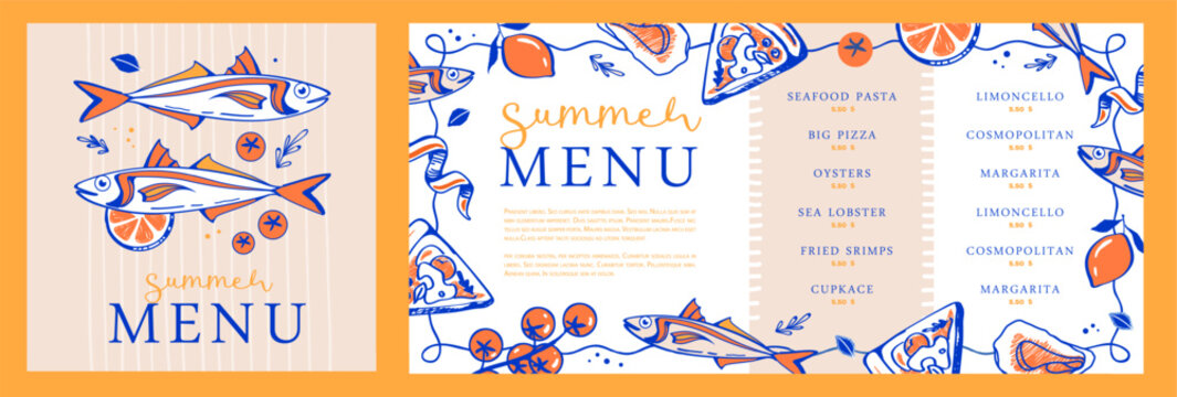 Mediterranean summer restaurant menu design with lemons, pizza, oysters and fish. Hand drawing . Vector illustration