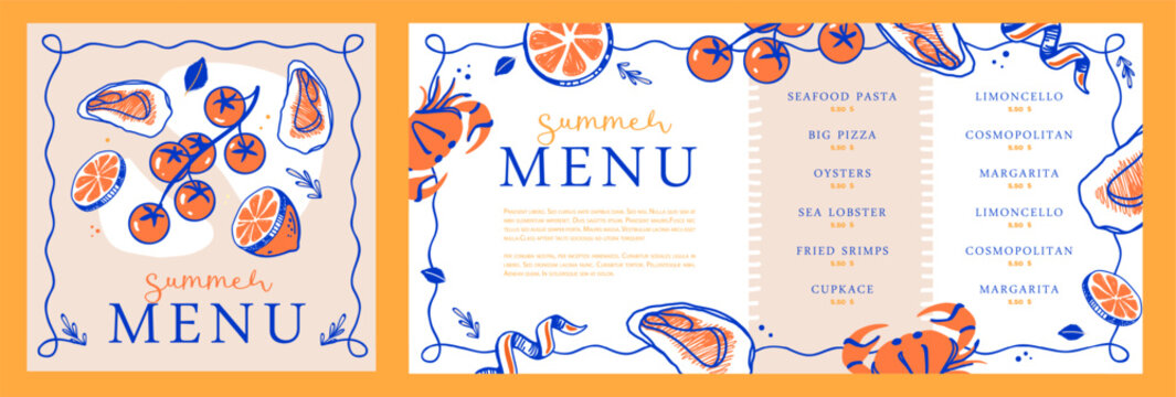 Mediterranean summer restaurant menu design with lemons, oysters and crab. Hand drawing design. Vector illustration