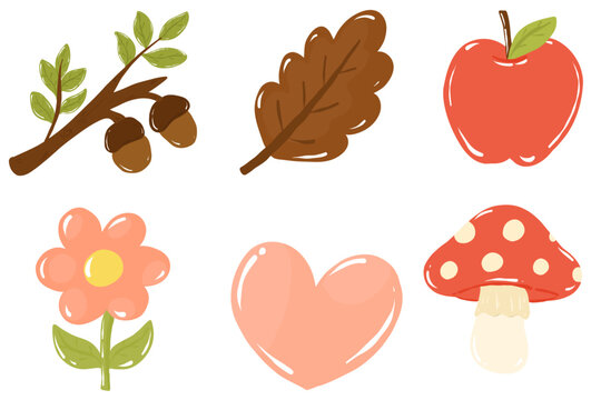 a collection of six charming autumn themed illustrations: an acorn branch, a brown oak leaf, a red apple, a pink flower, a peach heart, and a red and white spotted mushroom