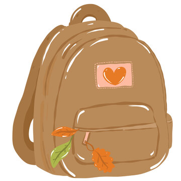 a cute brown backpack with a heart patch and autumn leaves, perfect for school or travel, back to school illustration