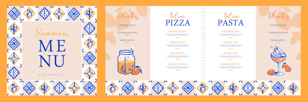 Mediterranean summer cocktail menu design with Italian tile. Pizza and pasta menu. Hand drawing design. Vector illustration