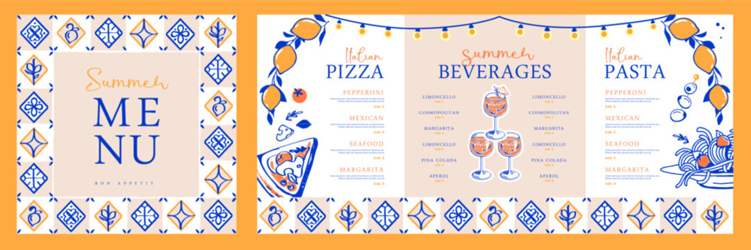 Mediterranean Italian summer restaurant menu design with lemons, pizza, pasta and cocktails. Hand drawing design. Vector illustration