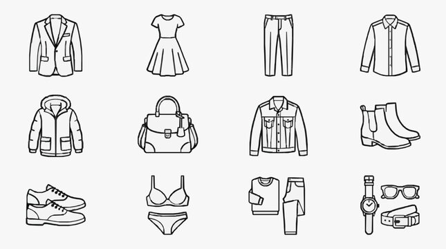 Professional Black and White Line Drawing Set of Clothing and Accessories for Fashion Design or Catalog Use