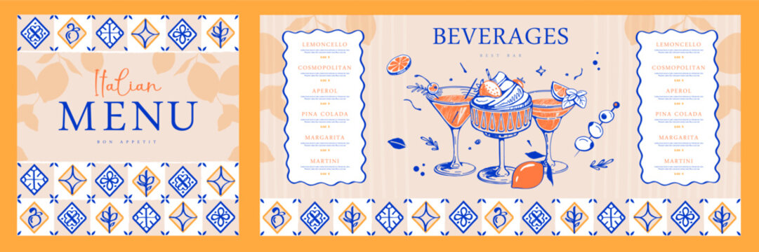Mediterranean summer cocktail menu design with Italian tile. Hand drawing design. Vector illustration