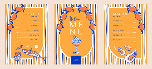Plakat Mediterranean Italian striped menu design with lemons, seafood and cocktail. Hand drawing design. Vector illustration