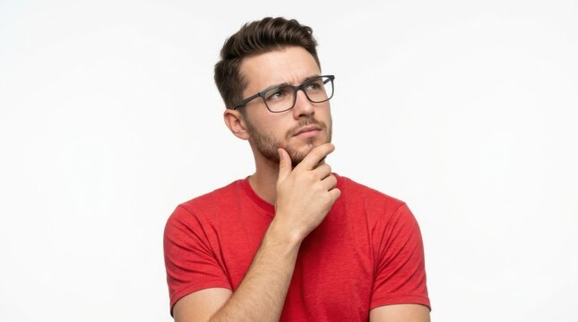 Young man with glasses in a red shirt touching his chin and looking thoughtful while having a serious expression