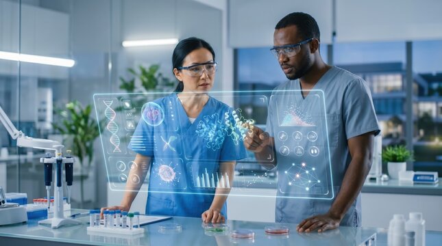 Scientists analyzing holographic DNA and data in modern lab, futuristic medical research, biotech innovation, healthcare technology, digital interface, teamwork, discovery, scie...