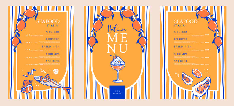 Mediterranean Italian striped menu design with lemons, seafood and cocktail. Hand drawing design. Vector illustration