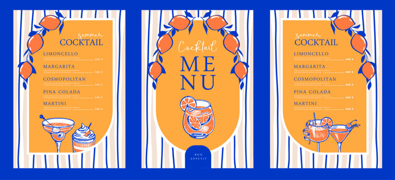 Mediterranean summer striped cocktail menu design with lemons. Hand drawing design. Vector illustration