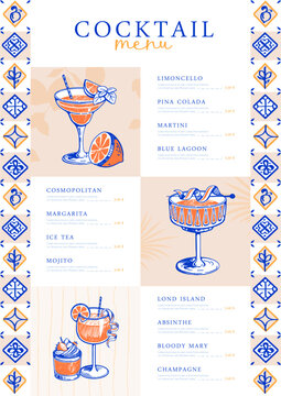 Mediterranean restaurant cocktail menu design with Italian yellow and blue tile. Hand drawing design. Vector illustration