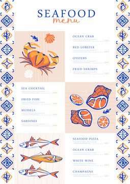 Mediterranean restaurant seafood menu design with Italian yellow and blue tile. Hand drawing design. Vector illustration