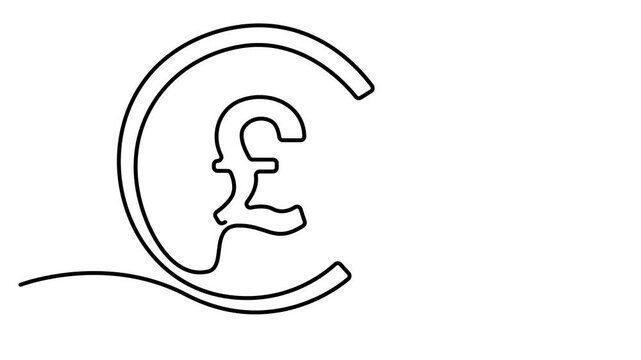 Continuous single line drawing of a british pound currency symbol with a downward arrow representing financial decline or loss isolated on white background, Full length one line animation. 4K video