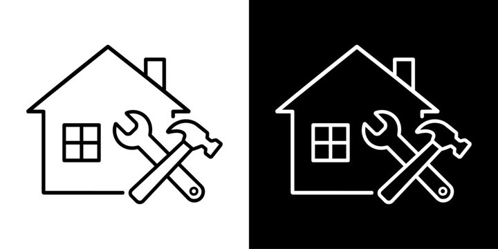 住宅リフォームと家・工具を表す白黒線画アイコンセット