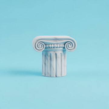 Classical white marble ionic column pedestal on blue background