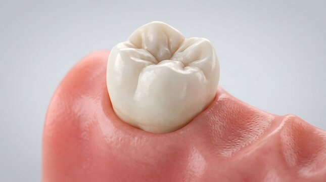 Realistic 3D render of a human molar tooth in pink gum tissue