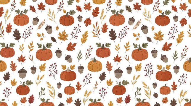 Festive thanksgiving background pumpkins leaves acorns seamless pattern
