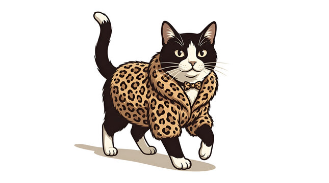 Tuxedo cat in leopard print fur coat vector illustration