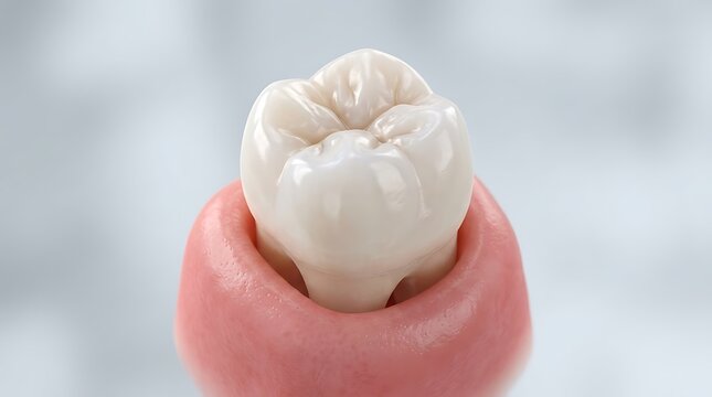 Realistic 3d molar tooth crown emerging from pink gum