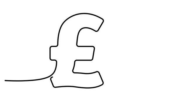 Animated self drawing of British pound sterling currency symbol drawn in a continuous single black line style isolated on a plain white background. Full length one line animation. 4K video
