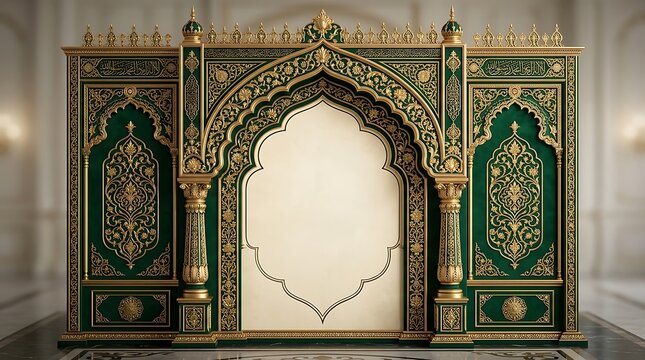 Elegant islamic arch backdrop with intricate gold floral patterns and traditional calligraphy on a deep green background for wedding or event stage