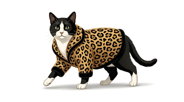 Tuxedo cat in leopard print fur coat vector illustration